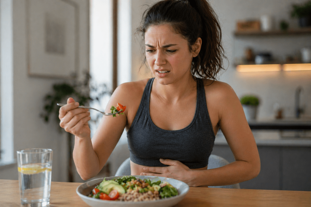 woman feeling sick after eating healthy meal confused