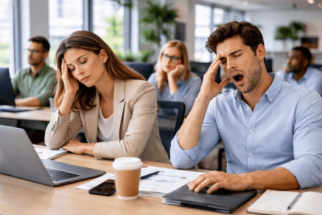 Employees in open-plan office experiencing energy loss due to environment