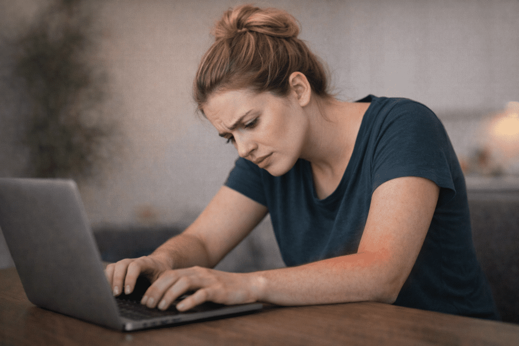 Woman sitting with poor posture causing arm tension and heaviness