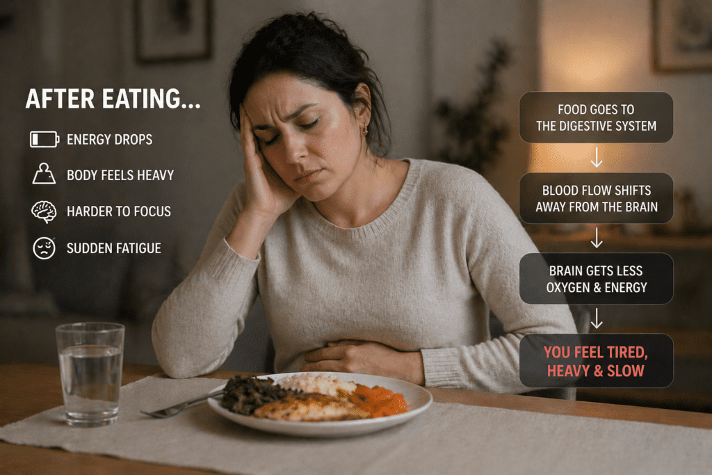 woman feeling heavy and tired after eating meal