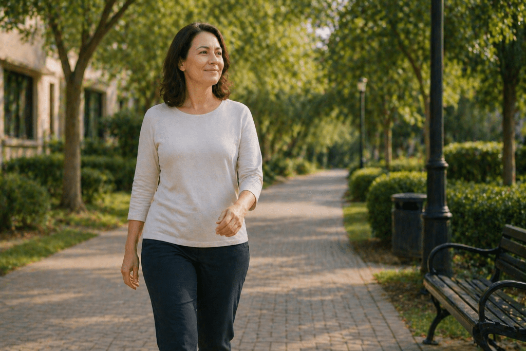woman walking slowly after eating improving digestion