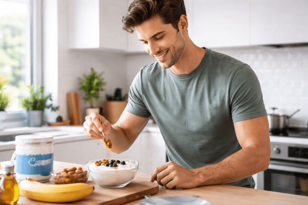Young man preparing a protein snack to maintain energy throughout the day