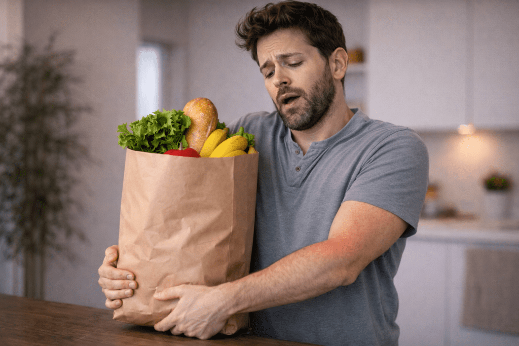 Man holding grocery bag experiencing arm heaviness during simple task