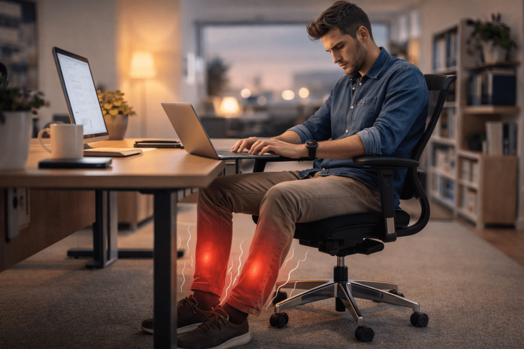 Young man sitting too long with heavy legs feeling