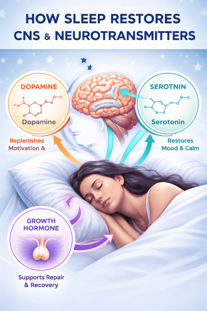 Infographic explaining how sleep restores CNS and neurotransmitters for daytime energy