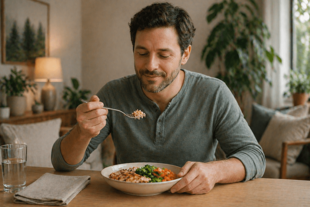 man eating slowly calm relaxed reducing nausea