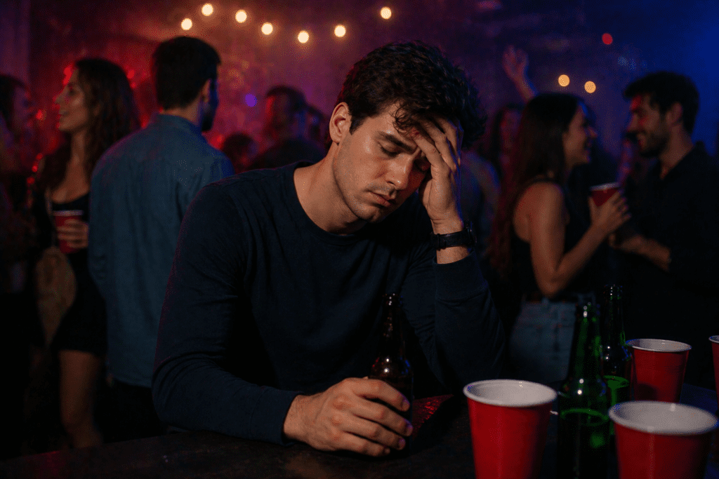 young man feeling drained at party after drinking alcohol