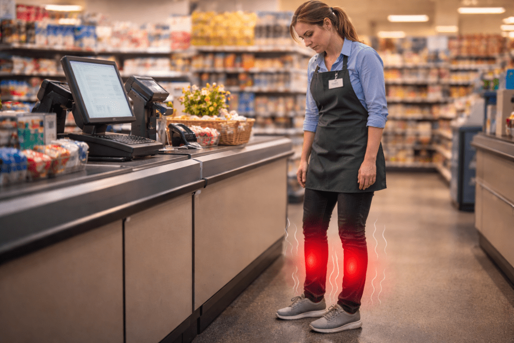 Woman standing all day feeling heavy legs