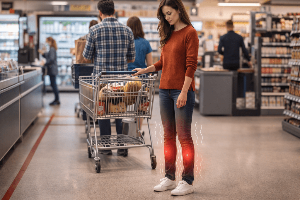 Woman standing in line feeling heaviness in legs