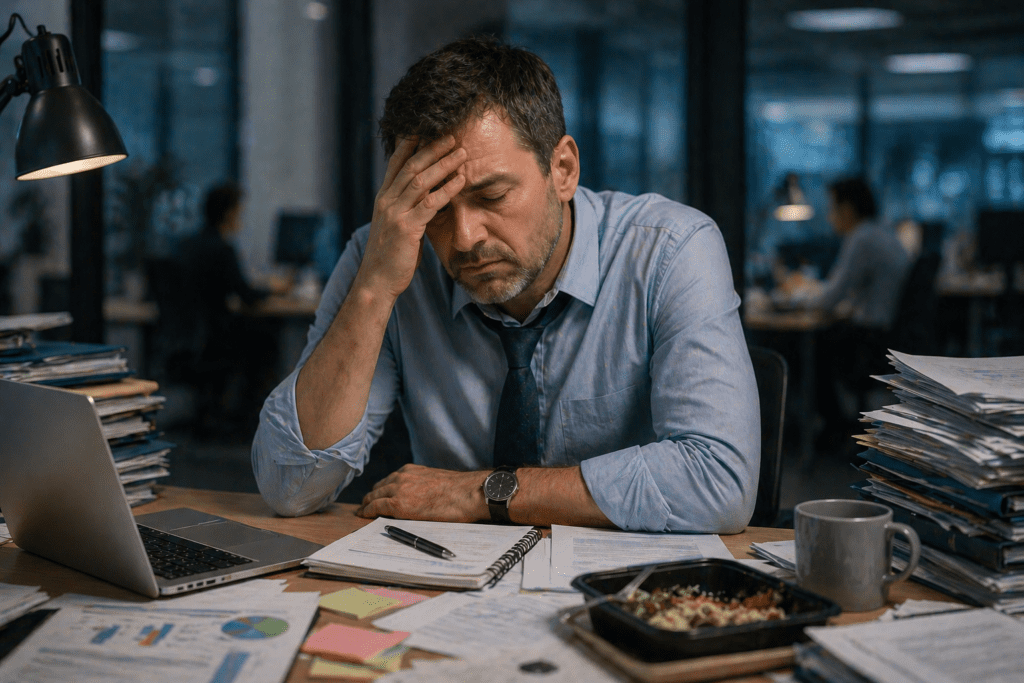 man feeling drained after stressful day before eating