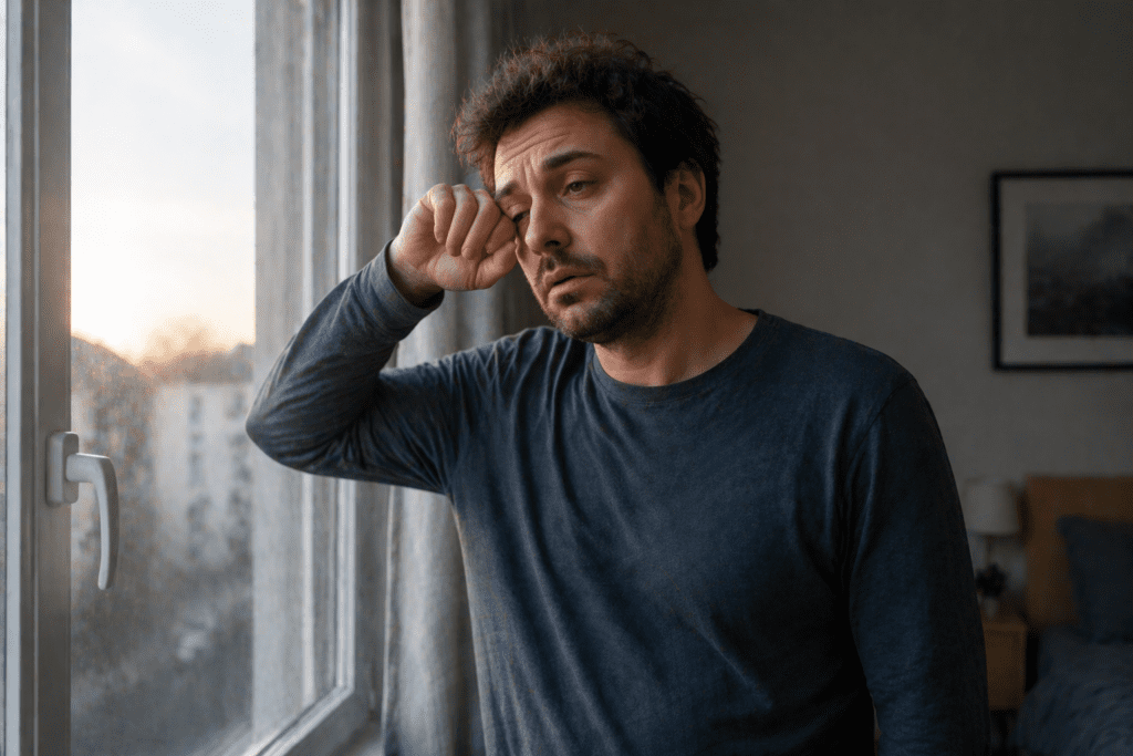 man feeling tired even after sleeping in the morning