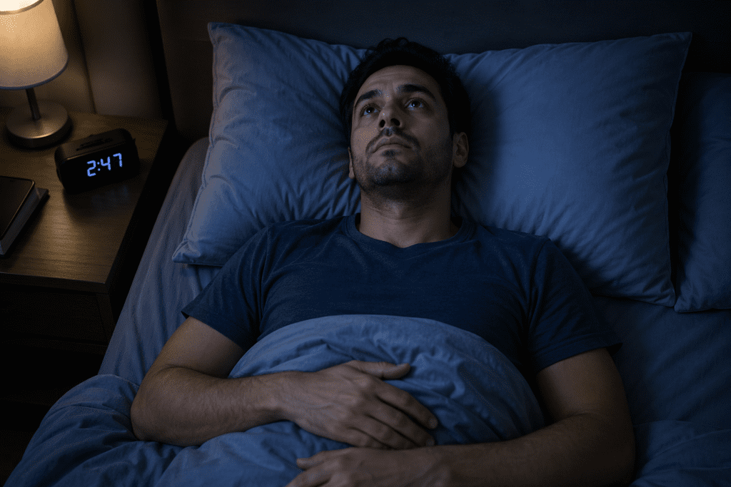 man lying awake at night feeling tired but unable to sleep