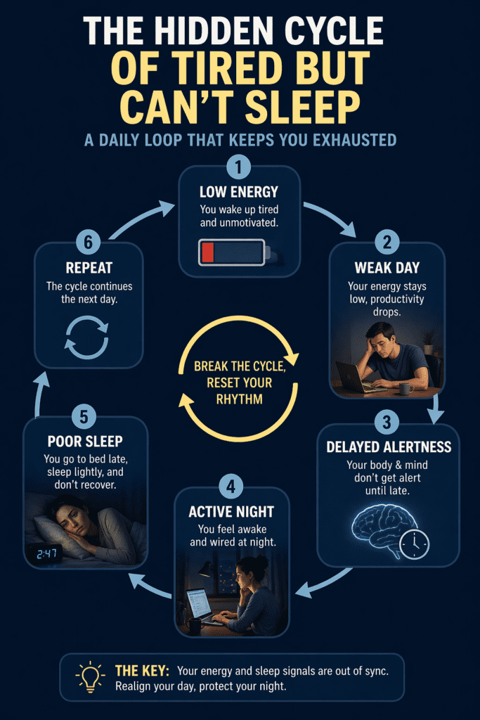infographic showing cycle of tired but cannot sleep