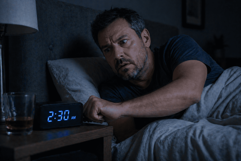 man waking up at night after drinking alcohol