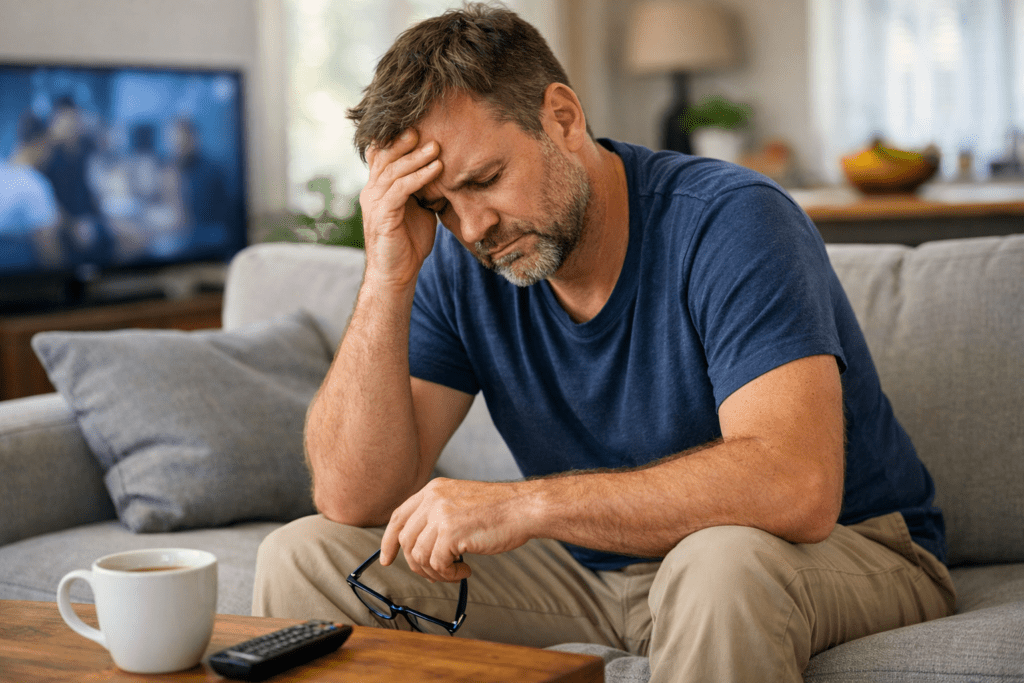 person feeling tired for no reason sitting at home during the day