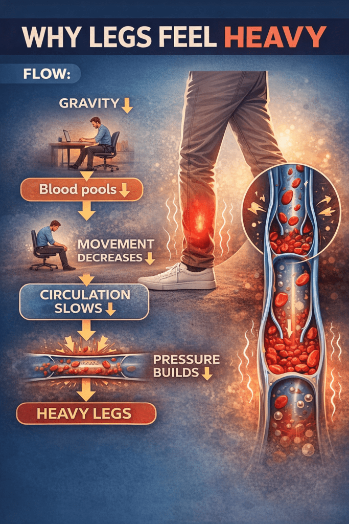 Infographic showing why legs feel heavy step by step
