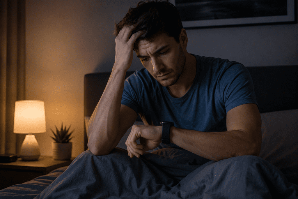 man stressed from checking deep sleep tracker too often