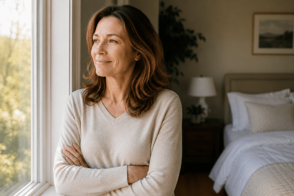 woman waking up with clearer focus after better sleep recovery