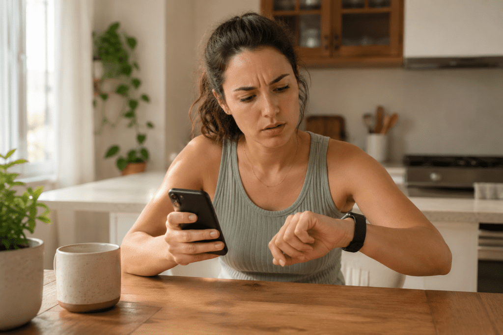 woman comparing confusing deep sleep numbers on a tracker
