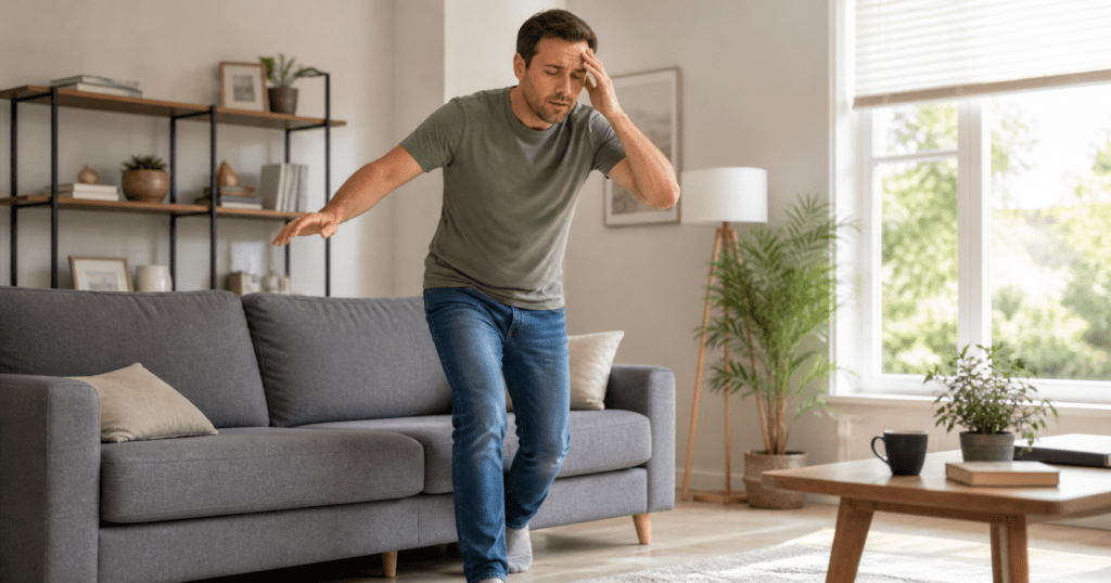 man feeling dizzy when standing up and walking first steps