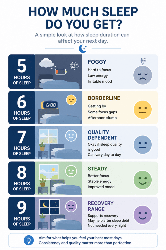 comparison of 5 6 7 8 and 9 hours of sleep for adults
