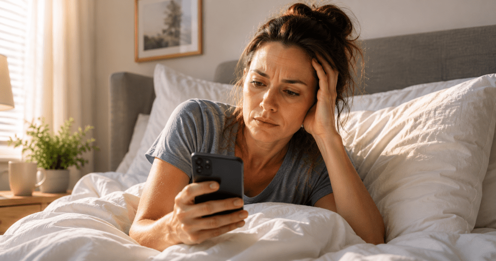 woman checking REM sleep score on a sleep tracker in bed