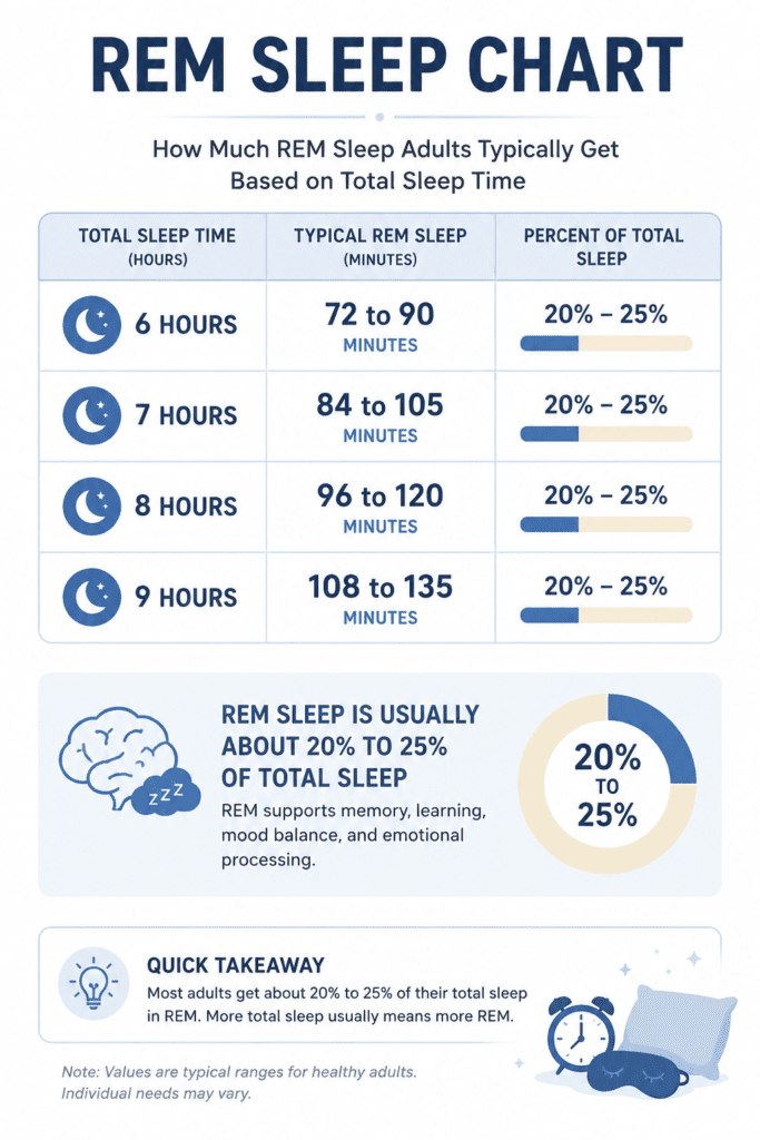 REM sleep minutes chart by total sleep time for adults