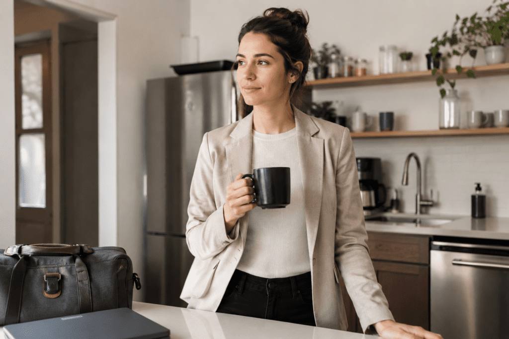 woman feeling okay after 6 hours of sleep with coffee
