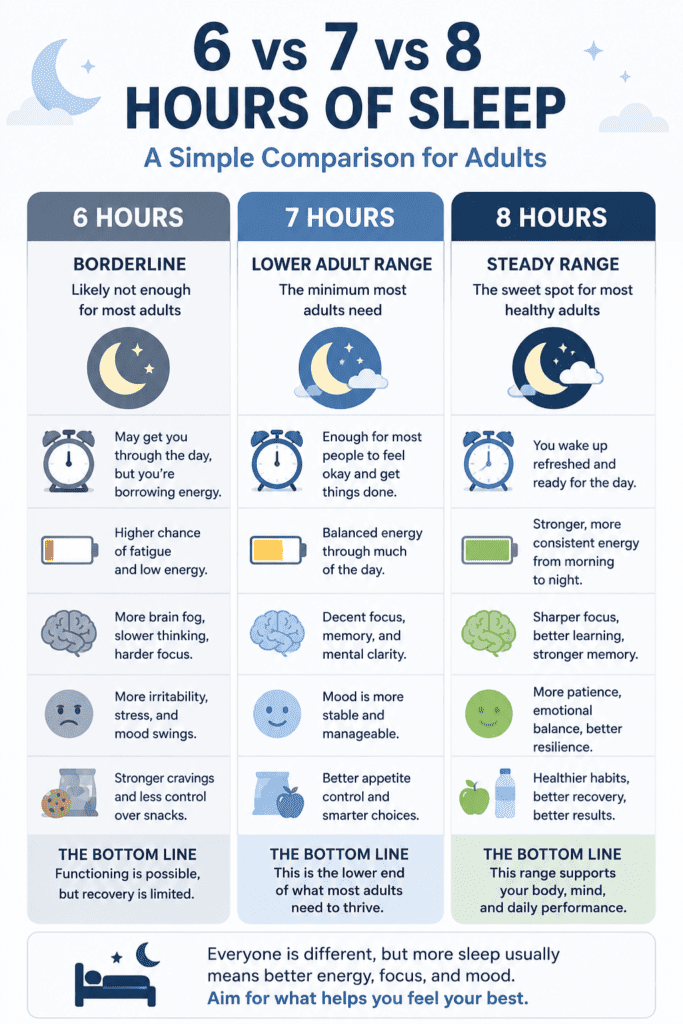comparison of 6 7 and 8 hours of sleep for adults