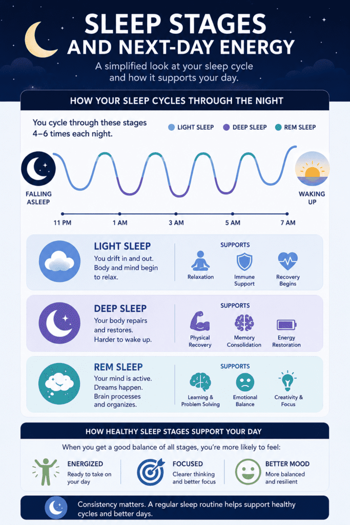sleep stages affecting next day energy and focus