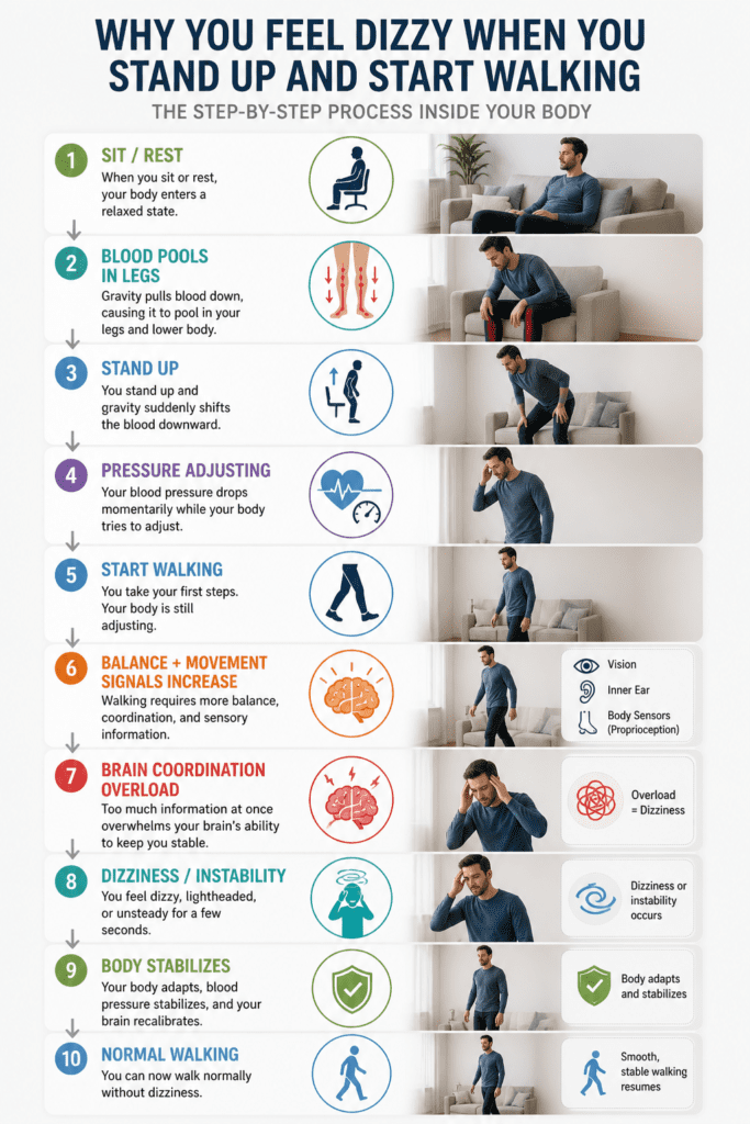 infographic showing why you feel dizzy when standing up and walking step by step