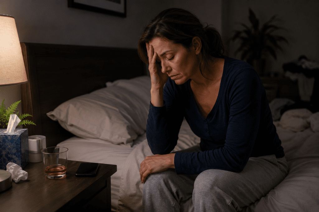 woman sitting on bed at night looking stressed before sleep