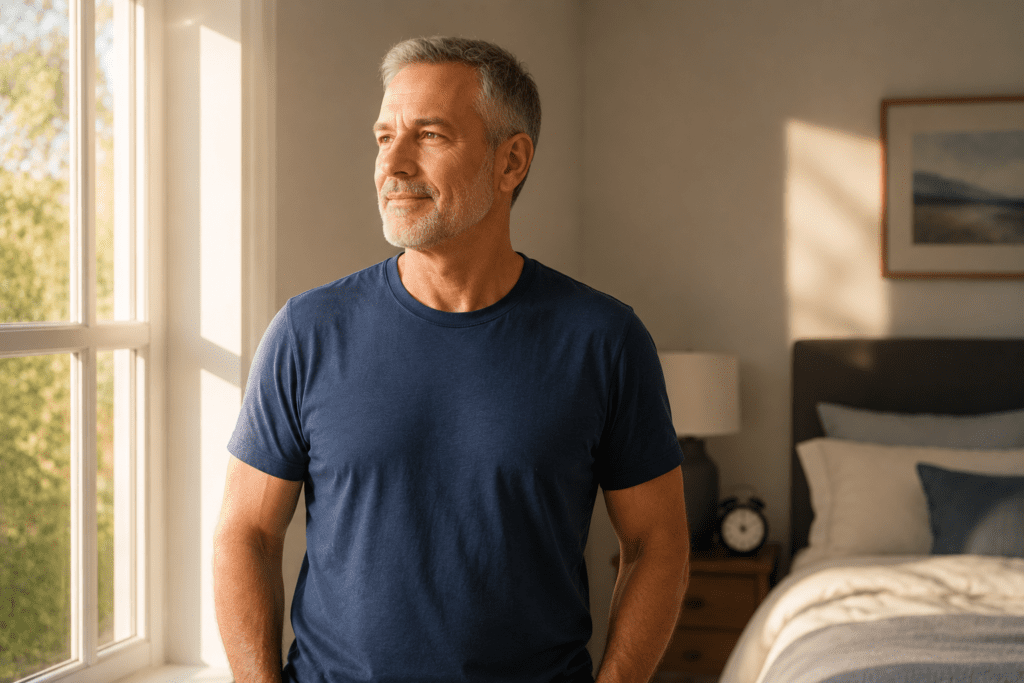 adult waking up rested after better sleep recovery