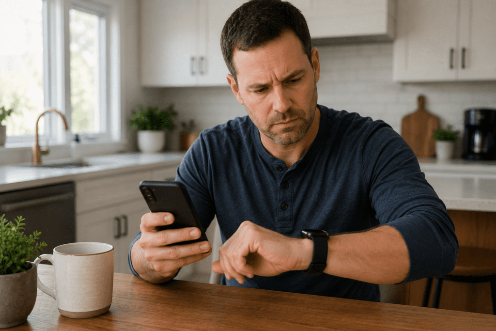 man comparing REM sleep tracker results from different devices