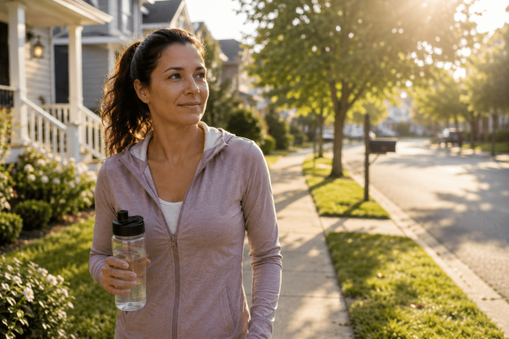 woman building a better energy baseline with morning light and movement