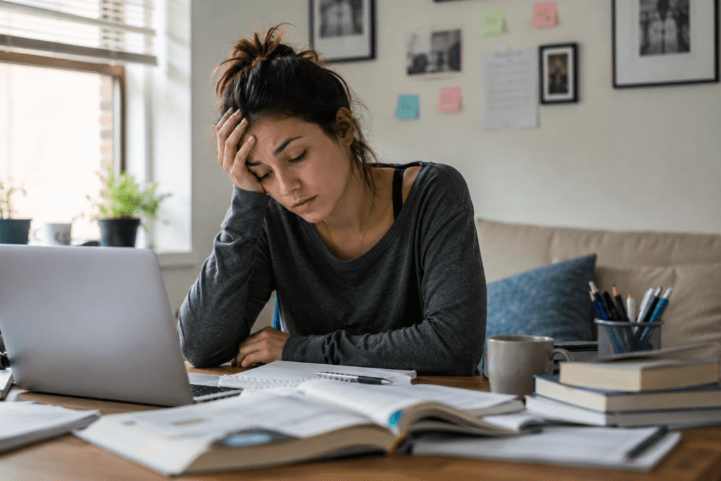 Woman struggling with focus due to 5 hours of sleep