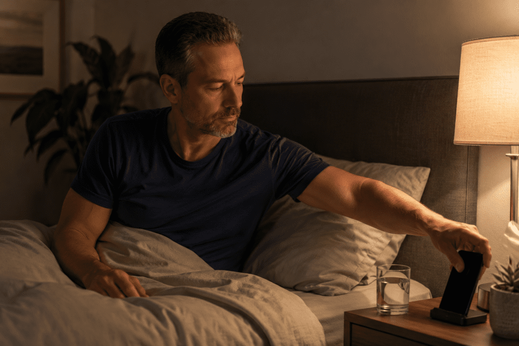 man putting phone away to make seven hours of sleep work better
