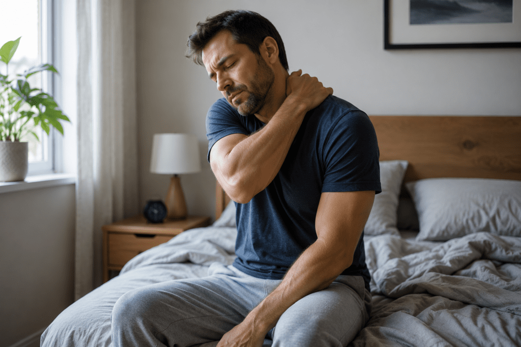 man waking up physically tired after poor sleep recovery