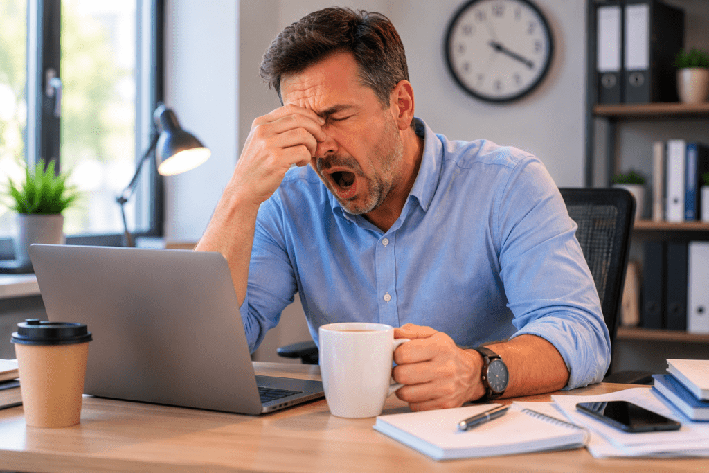 Man feeling tired at work after insufficient sleep