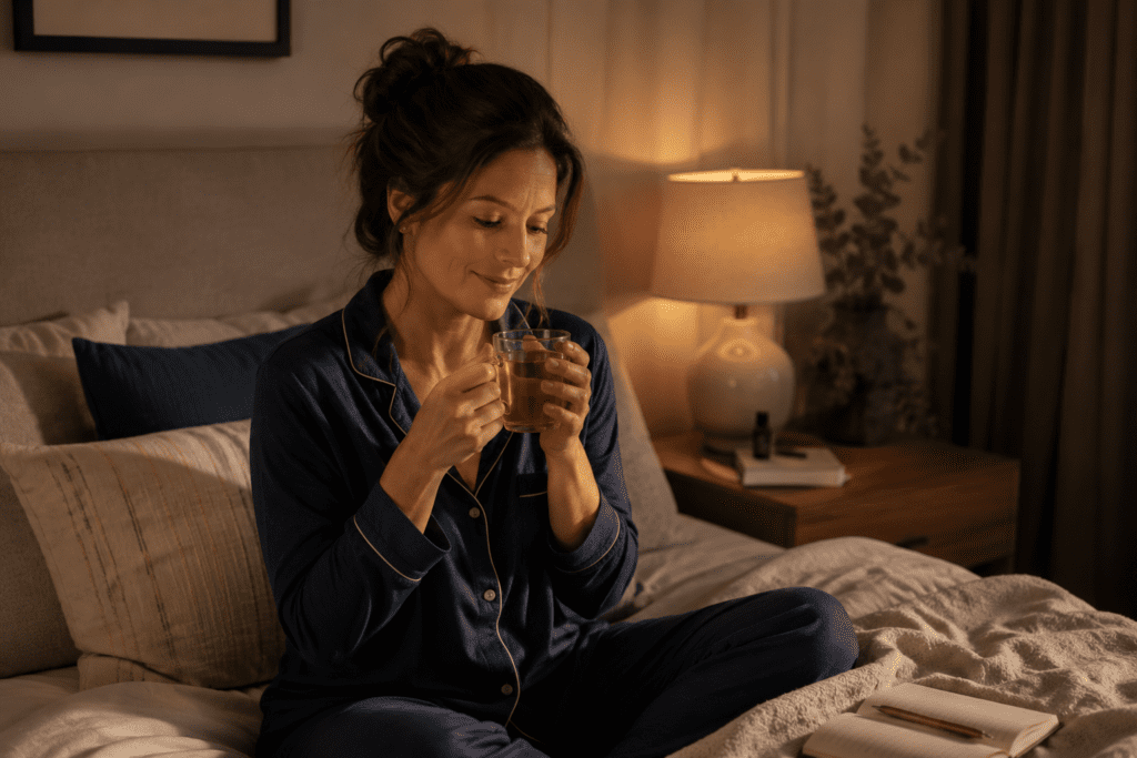 Woman relaxing before bedtime to improve sleep quality