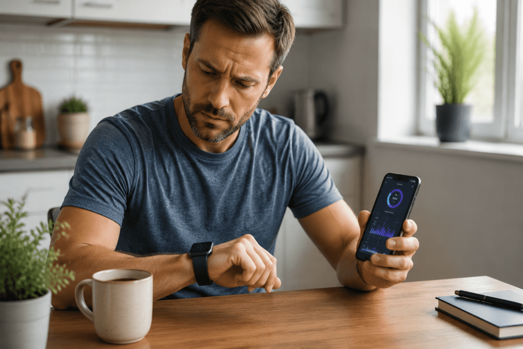 man checking REM and deep sleep scores on a sleep tracker