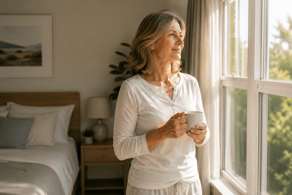 woman waking refreshed after improving seven hour sleep quality